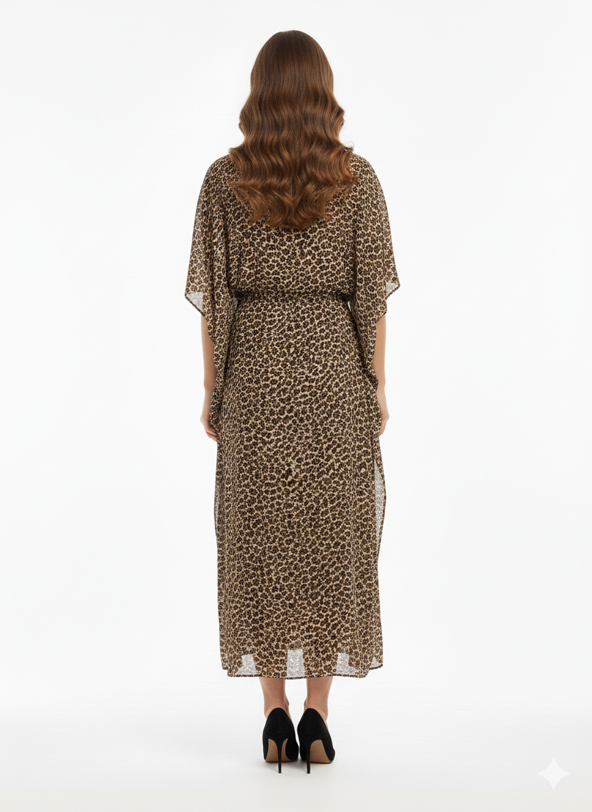 Serengeti Dusk Leopard Print Drawstring Kaftan | Beach Wrap