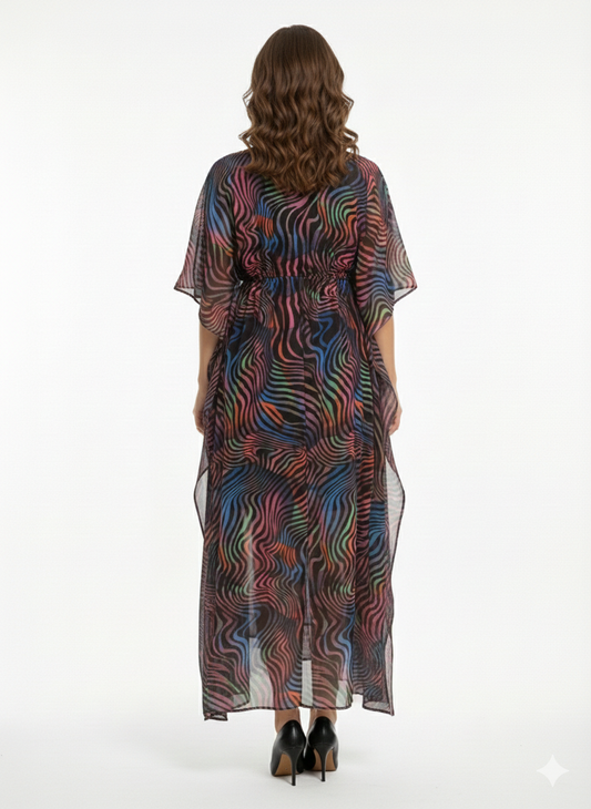 Neon Nebula Multicolor Swirl Drawstring Kaftan | Beach Cover
