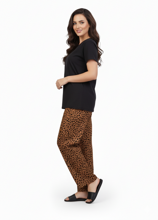 Black T-Shirt Brown Speckle Dot Print Pajamas Set | Loungewear | Rayon Comfort Nightwear