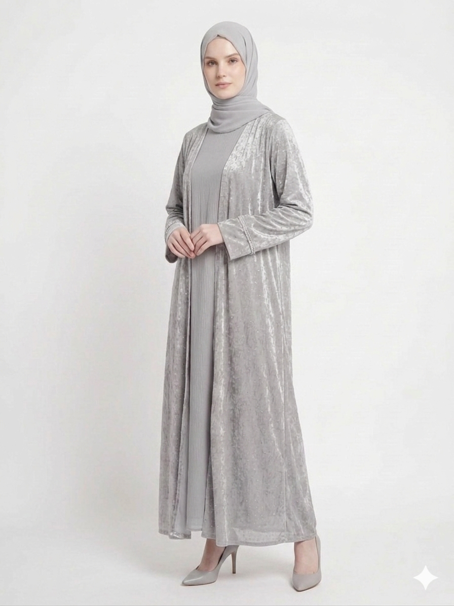 Grey Mist Diamond Embellished Kimono Abaya | Elegant Sheer Modest Wear