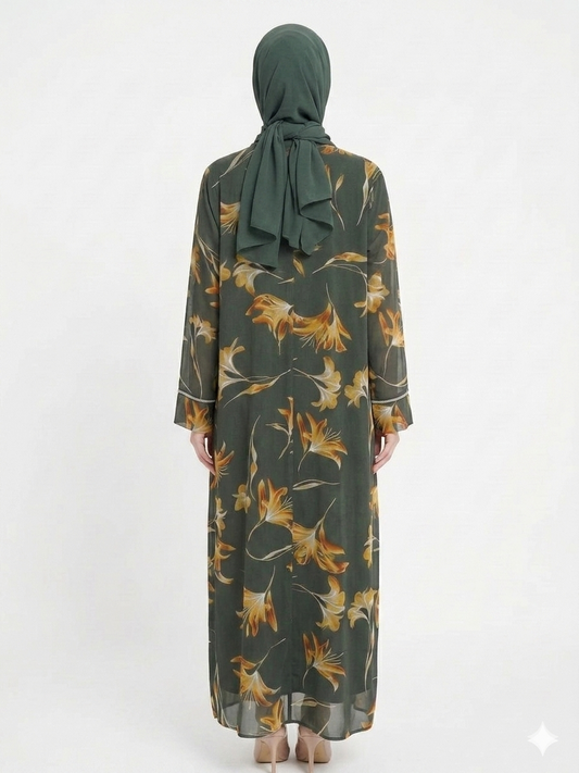 Sage Bloom Sheer Floral Kimono Abaya