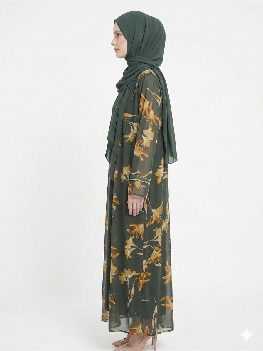 Sage Bloom Sheer Floral Kimono Abaya