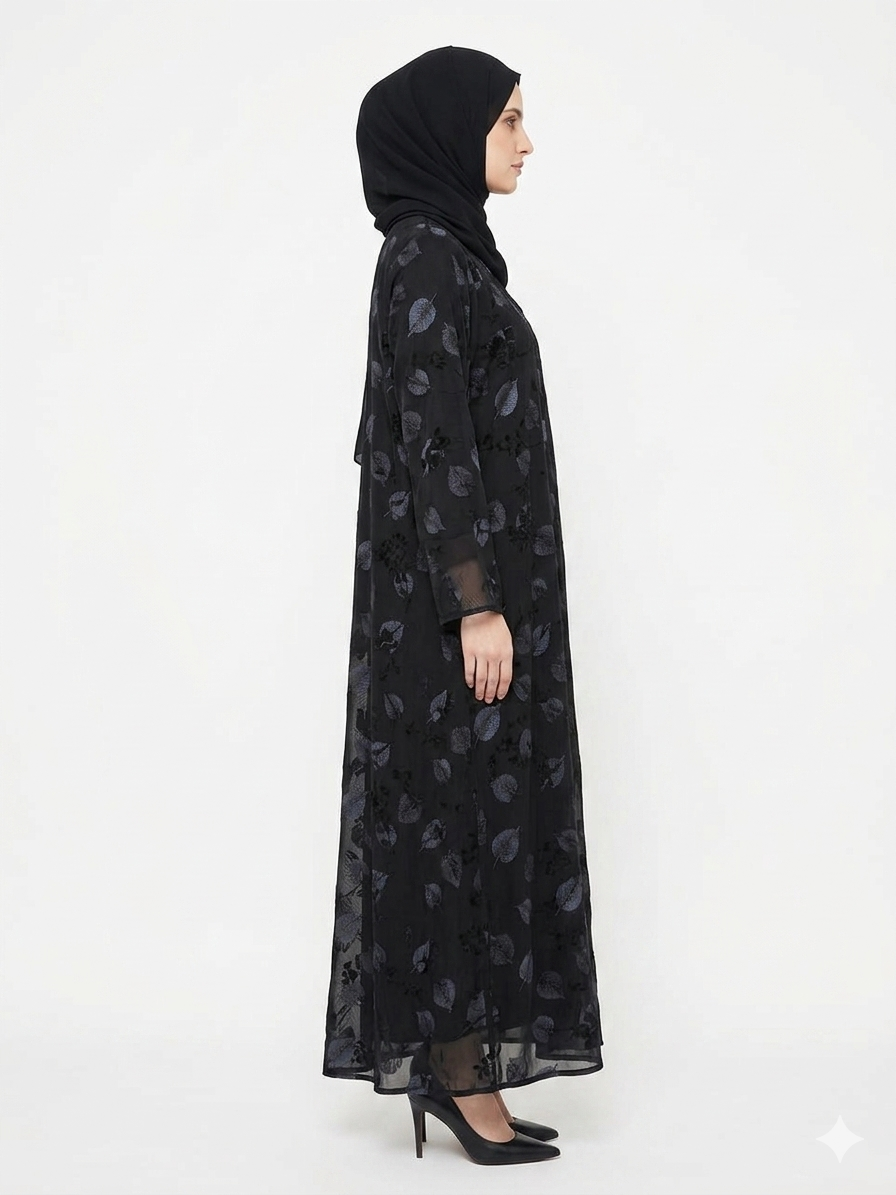 Midnight Foliage Leaf Embroidered Abaya