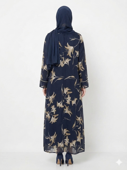 Navy Bloom Sheer Floral Kimono Modest Abaya
