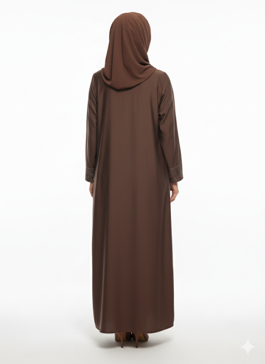 Mocha Brown Closed Abaya | Silver Geometric Thread Embellishment | A-Line Silhouette & Fitted Sleeve Cuffs