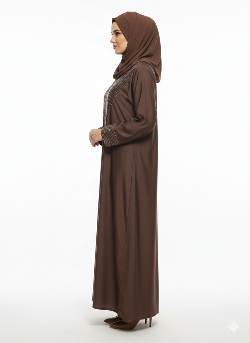 Mocha Brown Closed Abaya | Silver Geometric Thread Embellishment | A-Line Silhouette & Fitted Sleeve Cuffs