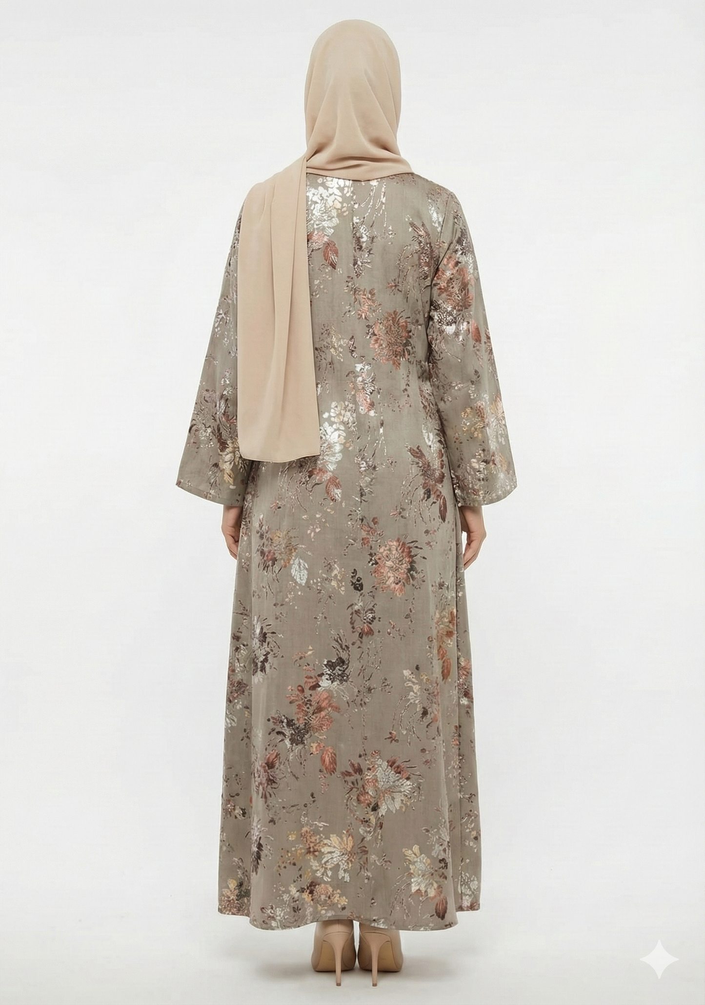 Golden Flora Beige Abaya | Luxury Foil Print Modest Wrap with Flared Sleeves