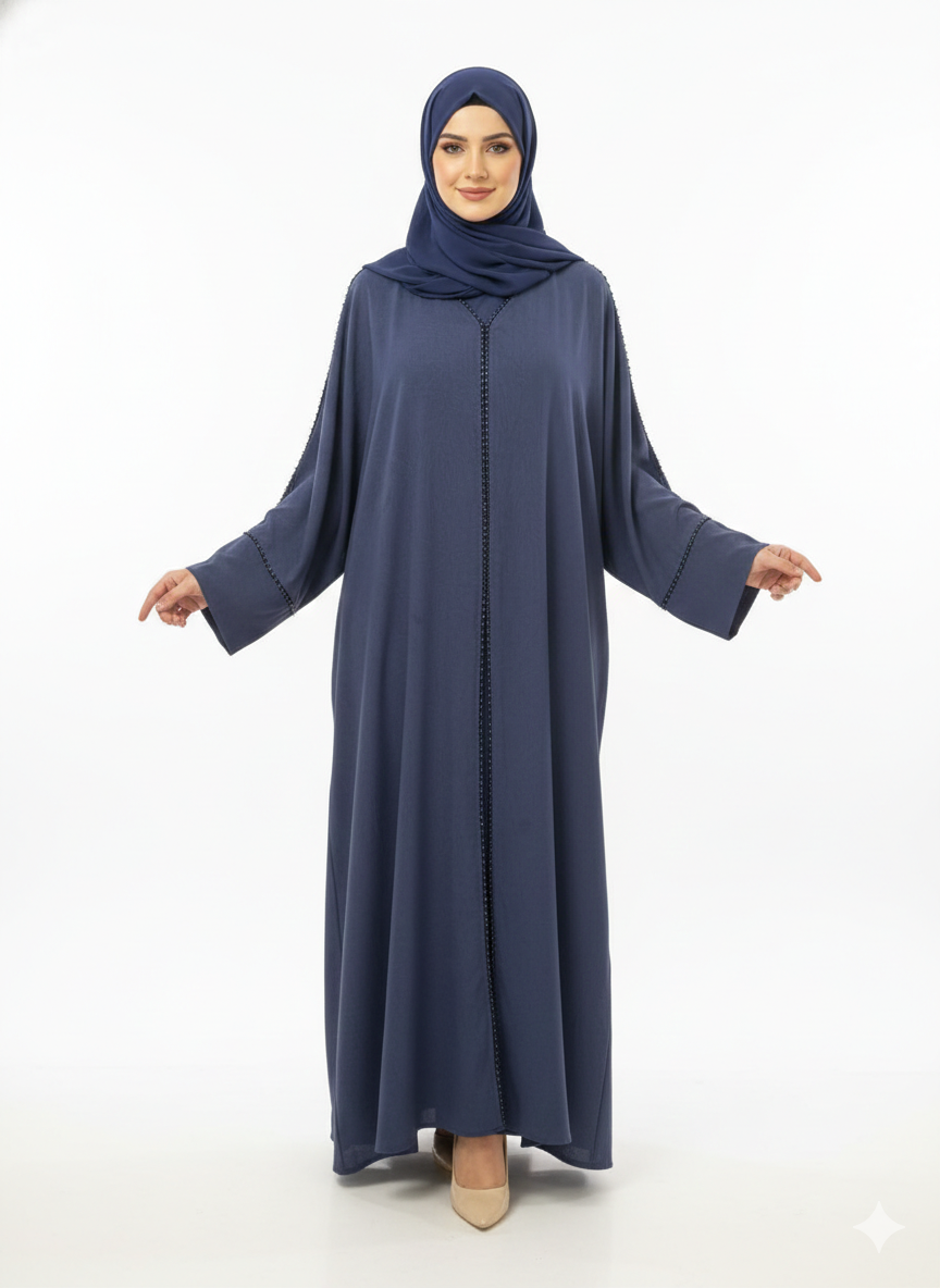 Midnight Navy Tailored Abaya | Luxury Beaded Border Wrap with Classic Straight Sleeves