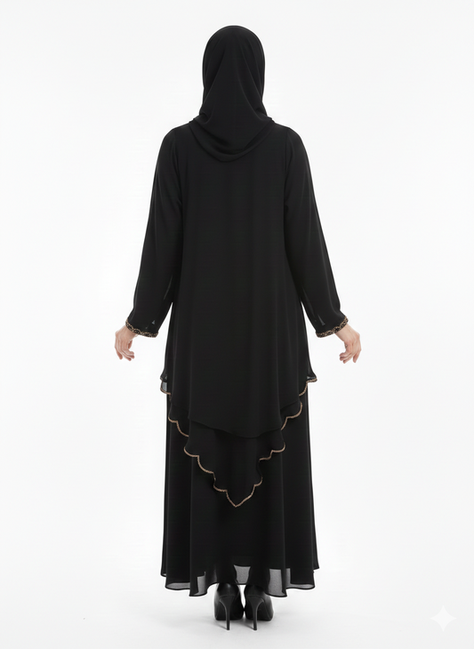 Double-Layered Black Chiffon Abaya | Rizqé Luxury Sheer Overlay Modest Wrap