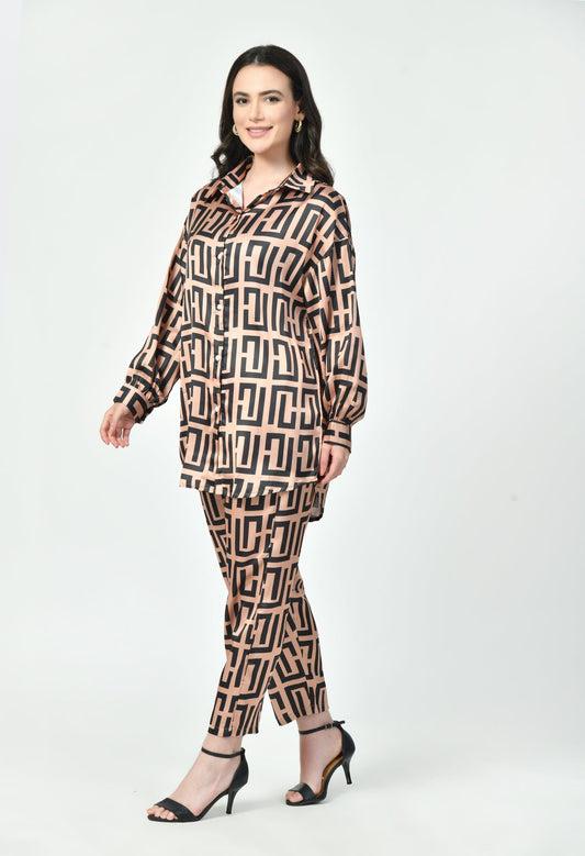 Geometric Print Modest Co-Ord Set Japanese Satin Luxury Modest Western Wea