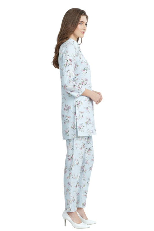 Light Blue Floral Kurti & Pant Set | Rayon Co-ord Set | Modest Fashion
