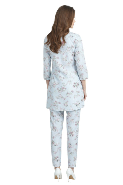 Light Blue Floral Kurti & Pant Set | Rayon Co-ord Set | Modest Fashion