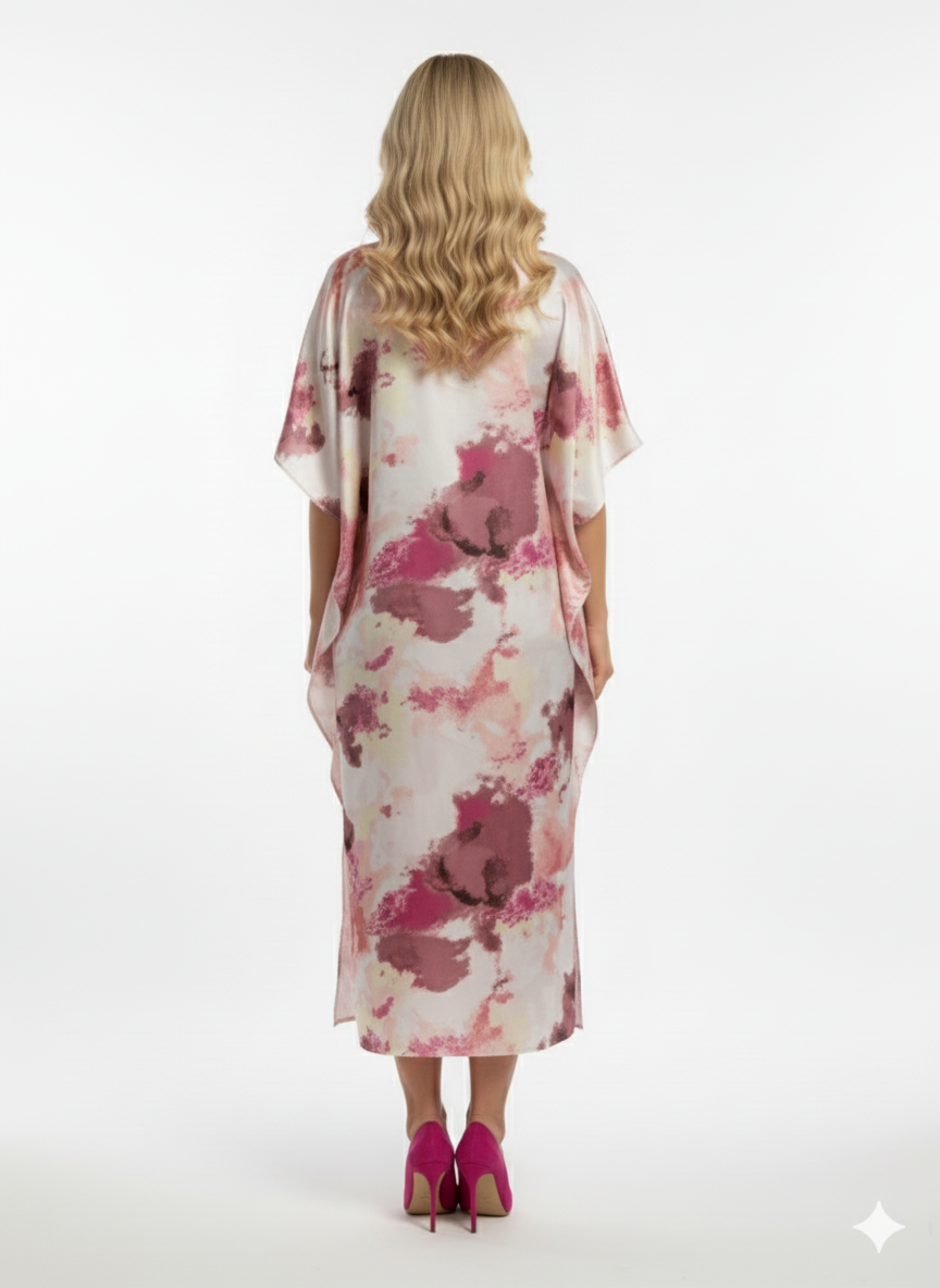 Luxury Satin Abstract Print in Pink, Mauve & Ivory Kaftan