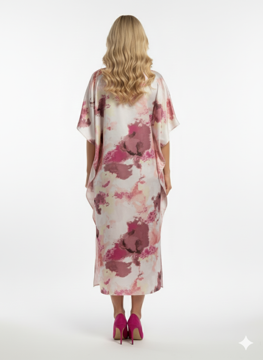 Luxury Satin Abstract Print in Pink, Mauve & Ivory Kaftan