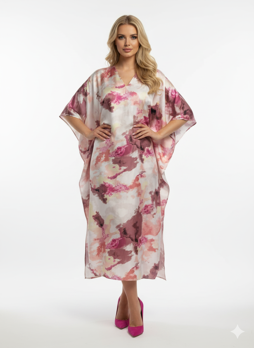 Luxury Satin Abstract Print in Pink, Mauve & Ivory Kaftan
