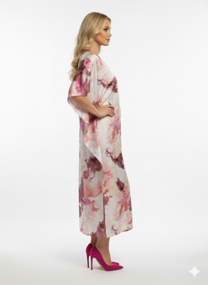 Luxury Satin Abstract Print in Pink, Mauve & Ivory Kaftan