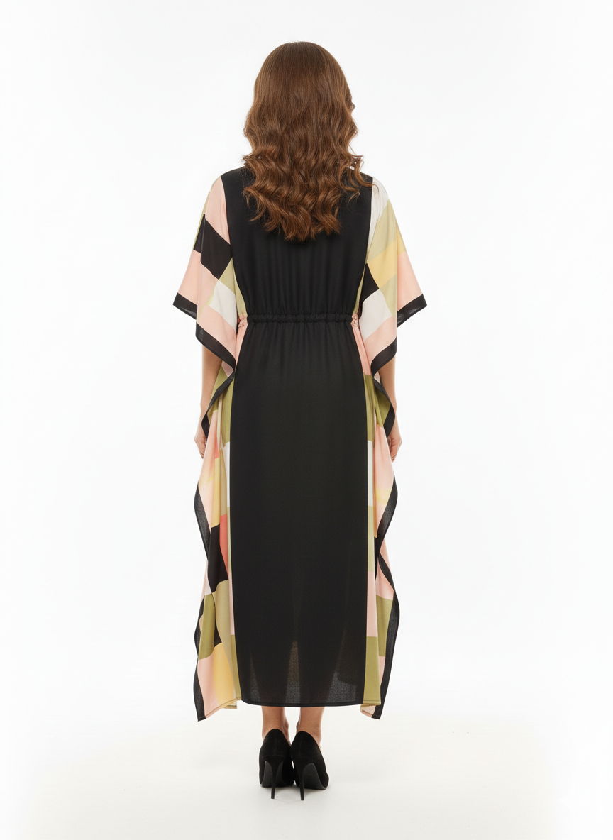 Geometric Prism Block-Print Drawstring Kaftan | Beach Wrap