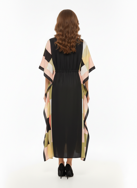 Geometric Prism Block-Print Drawstring Kaftan | Beach Wrap