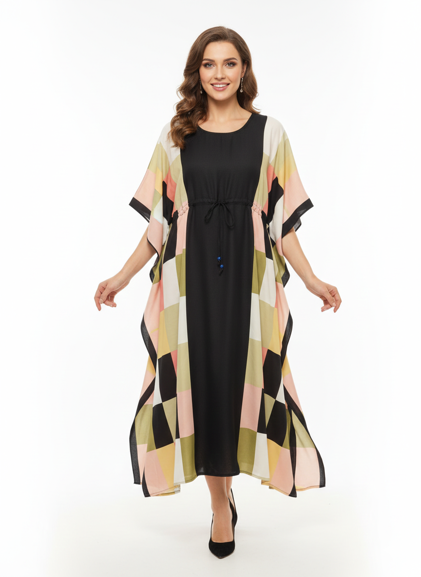 Geometric Prism Block-Print Drawstring Kaftan | Beach Wrap