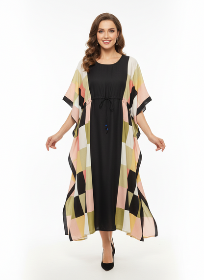 Geometric Prism Block-Print Drawstring Kaftan | Beach Wrap