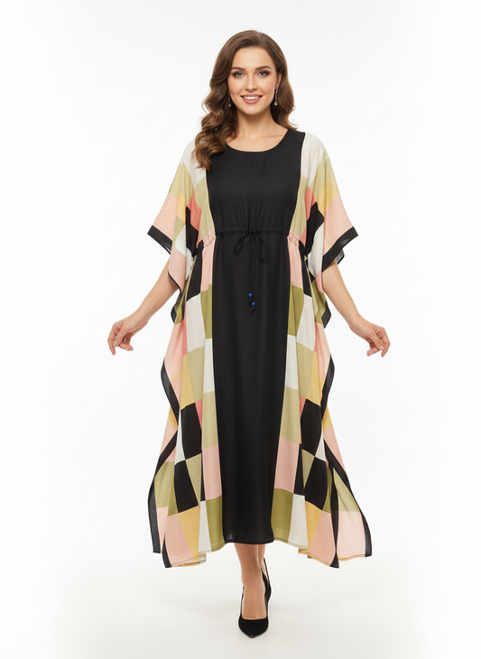 Geometric Prism Block-Print Drawstring Kaftan | Beach Wrap