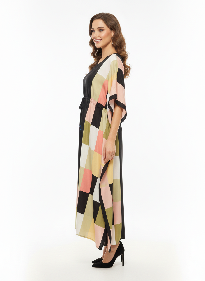 Geometric Prism Block-Print Drawstring Kaftan | Beach Wrap
