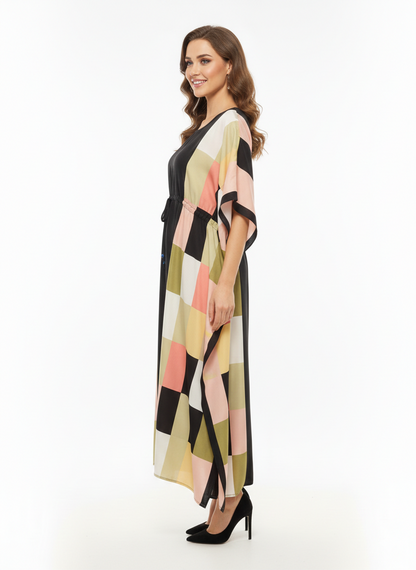 Geometric Prism Block-Print Drawstring Kaftan | Beach Wrap