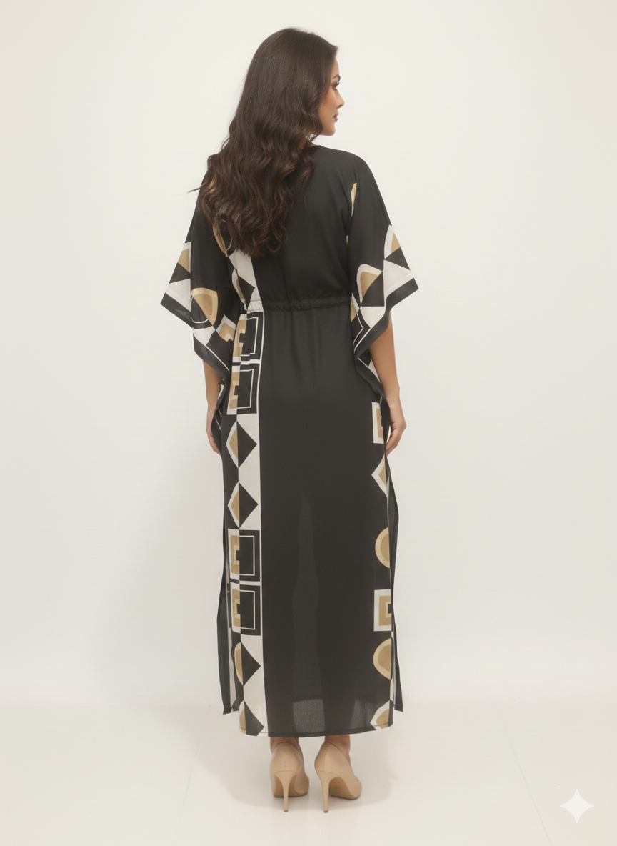 Onyx Block-Print Drawstring Kaftan | Beach Wrap