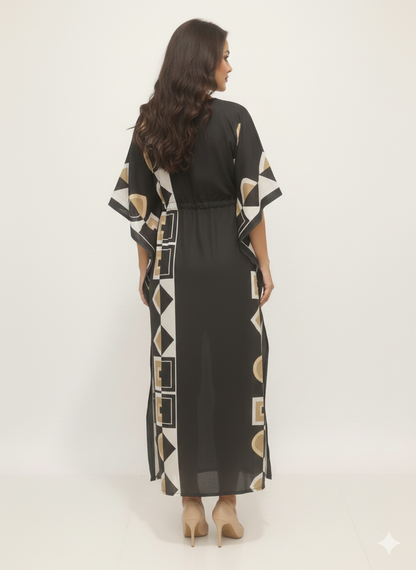 Onyx Block-Print Drawstring Kaftan | Beach Wrap