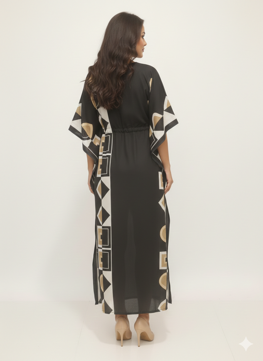 Onyx Block-Print Drawstring Kaftan | Beach Wrap