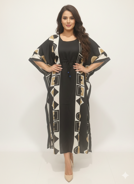 Onyx Block-Print Drawstring Kaftan | Beach Wrap
