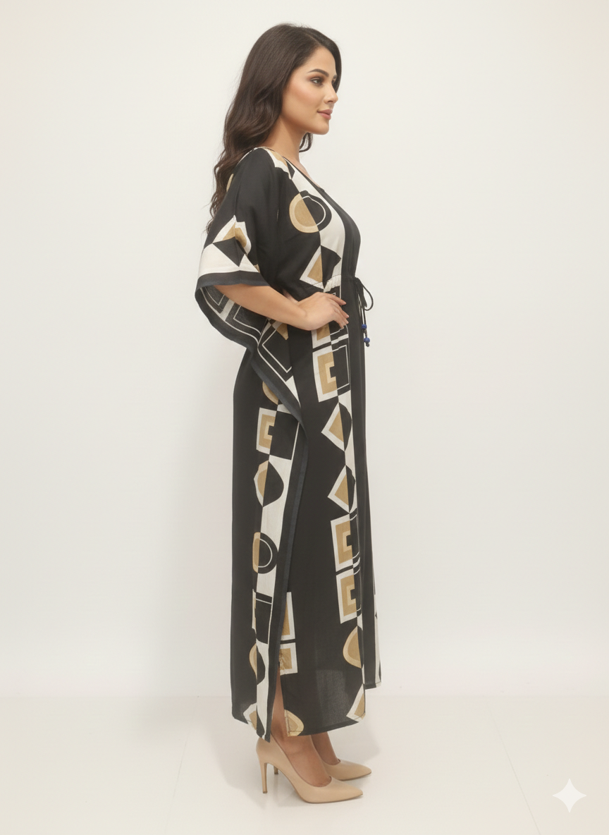 Onyx Block-Print Drawstring Kaftan | Beach Wrap