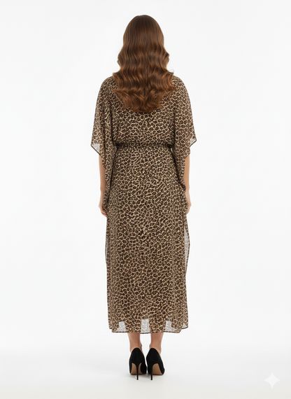 Serengeti Dusk Leopard Print Drawstring Kaftan | Beach Wrap