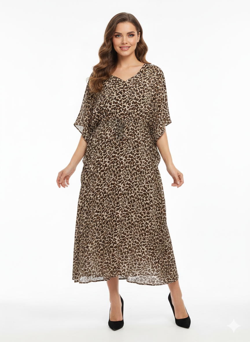 Serengeti Dusk Leopard Print Drawstring Kaftan | Beach Wrap