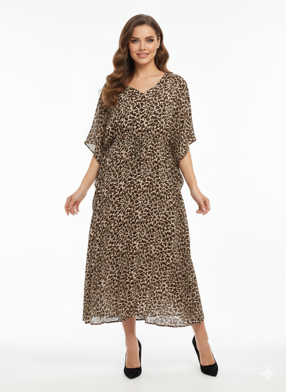 Serengeti Dusk Leopard Print Drawstring Kaftan | Beach Wrap