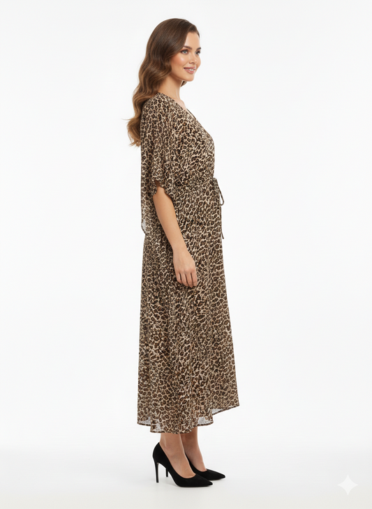 Serengeti Dusk Leopard Print Drawstring Kaftan | Beach Wrap