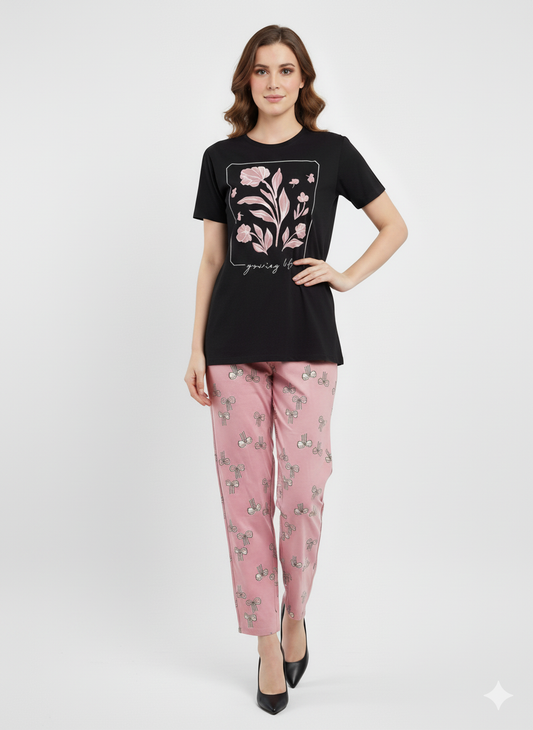 Floral T-Shirt & Pyjama Pant Set | Lycra Night Suit
