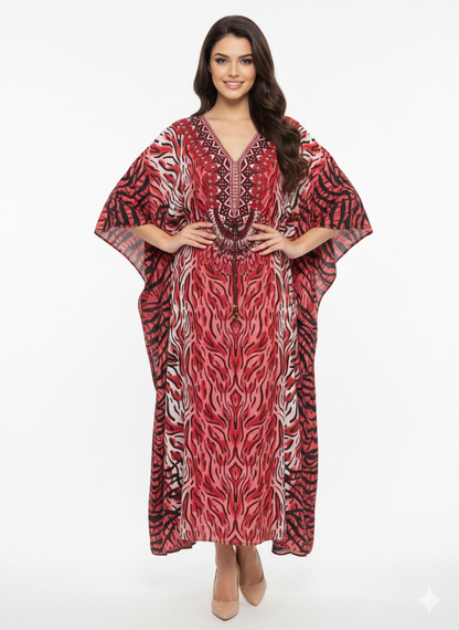 Crimson Tiger-Eye Embroidered Kaftan | Beach Cover