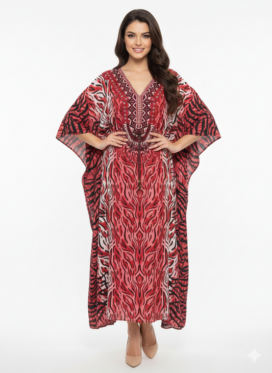 Crimson Tiger-Eye Embroidered Kaftan | Beach Cover
