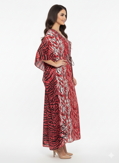 Crimson Tiger-Eye Embroidered Kaftan | Beach Cover