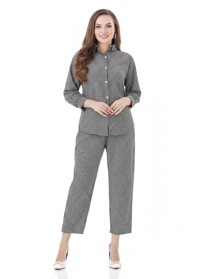 Monochrome Check Co-ord Set | Black & White Houndstooth Chiffon Feel Shirt and Trousers