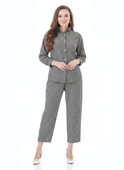 Monochrome Check Co-ord Set | Black & White Houndstooth Chiffon Feel Shirt and Trousers