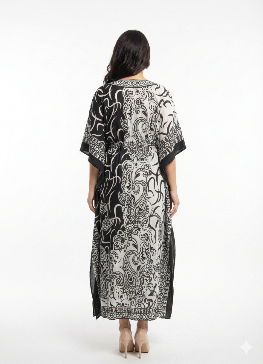 Monochromatic Split Artisanal Drawstring Kaftan | Beach Wrap