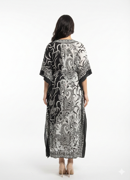 Monochromatic Split Artisanal Drawstring Kaftan | Beach Wrap