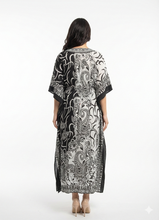Monochromatic Split Artisanal Drawstring Kaftan | Beach Wrap