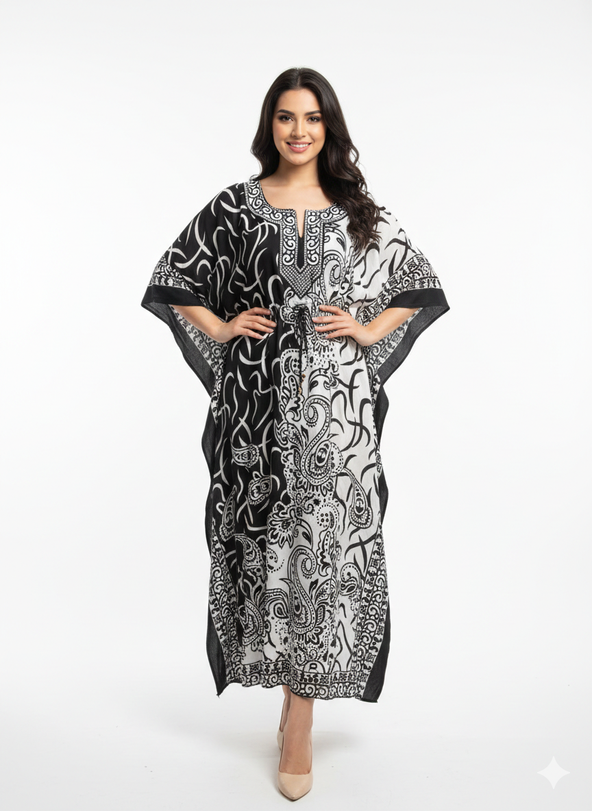 Monochromatic Split Artisanal Drawstring Kaftan | Beach Wrap
