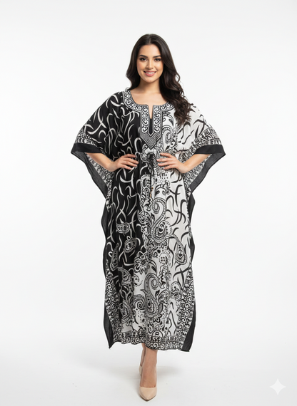 Monochromatic Split Artisanal Drawstring Kaftan | Beach Wrap
