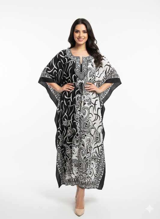 Monochromatic Split Artisanal Drawstring Kaftan | Beach Wrap