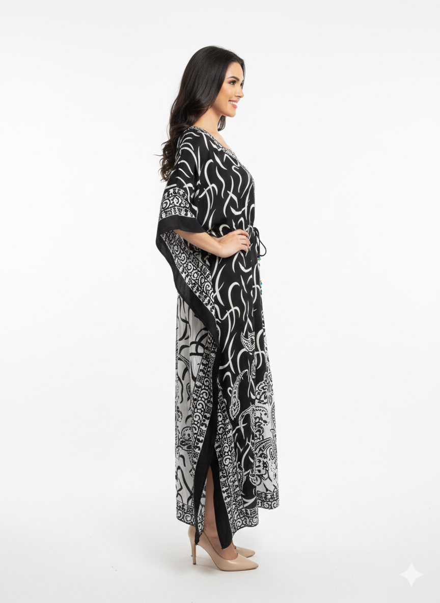 Monochromatic Split Artisanal Drawstring Kaftan | Beach Wrap