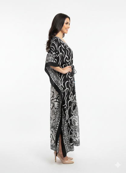 Monochromatic Split Artisanal Drawstring Kaftan | Beach Wrap